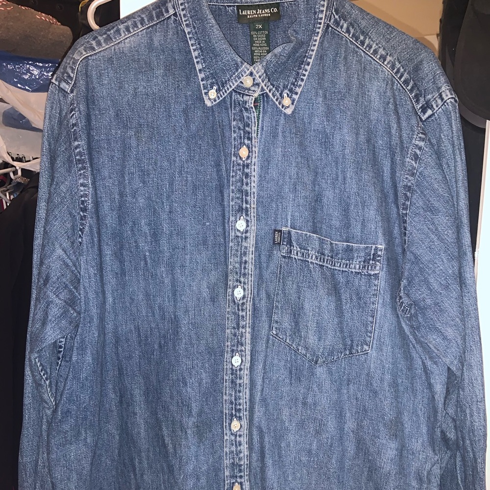 Lauren by Ralph Lauren denim shirt in size 2x. 100% cotton & plaid ribbon detail